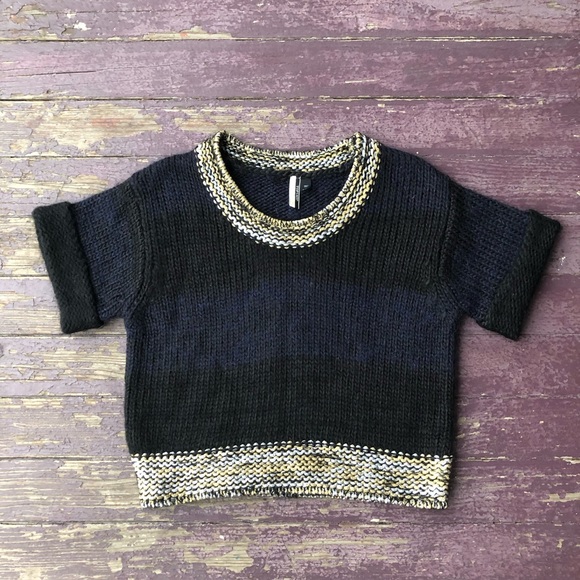 Topshop Cropped Knit Sweater Black Navy Gold Silver Metallic Short Sleeve 2 - Picture 1 of 13